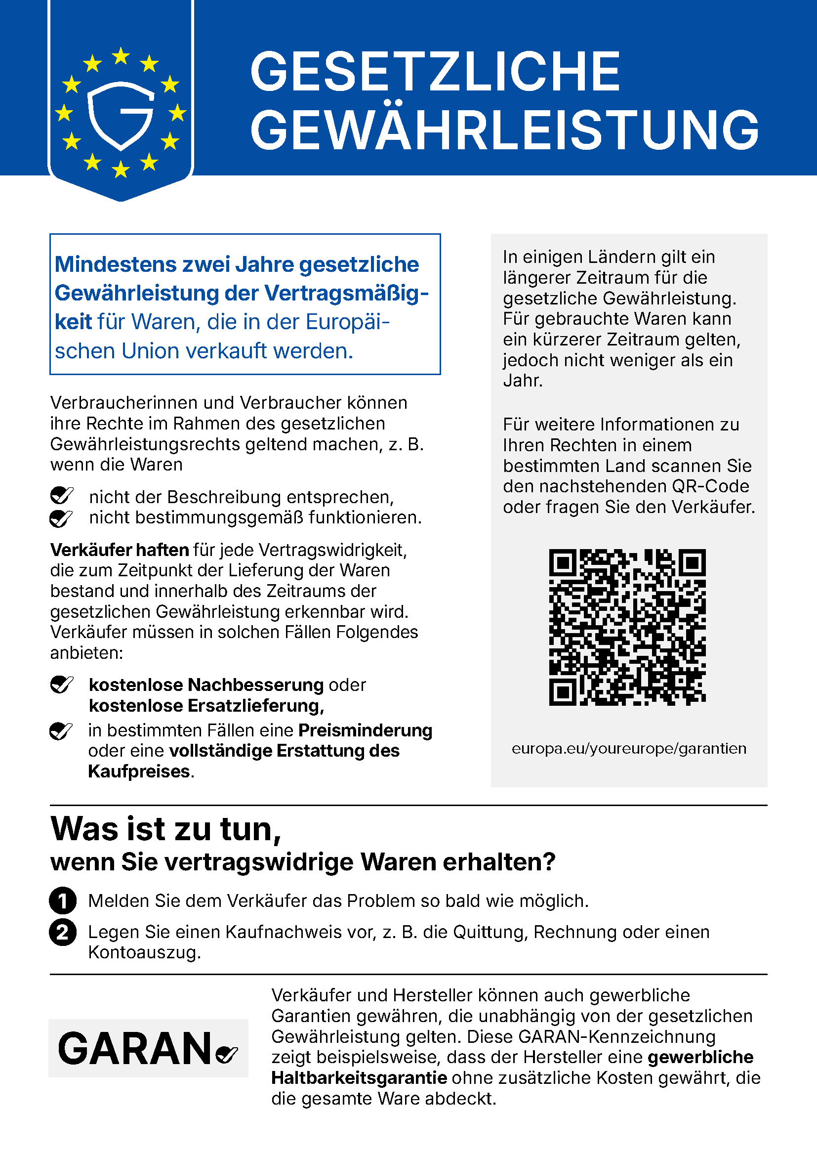 Offizieller EU-Hinweis zur gesetzlichen Gewährleistung: mindestens zwei Jahre gesetzliche Gewährleistung für Waren, die in der Europäischen Union verkauft werden. Entsprechen Waren nicht der Beschreibung oder funktionieren sie nicht bestimmungsgemäß, muss der Verkäufer eine kostenlose Nachbesserung oder Ersatzlieferung, in bestimmten Fällen eine Preisminderung oder die vollständige Erstattung des Kaufpreises anbieten.