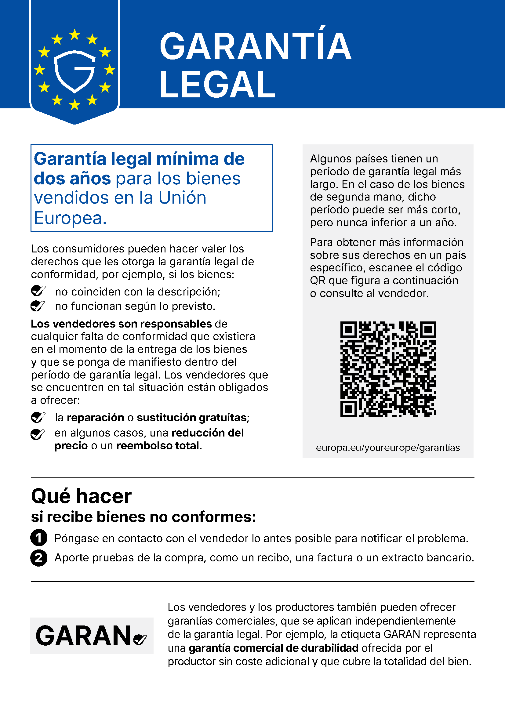 Aviso oficial de la UE sobre la garantía legal: al menos dos años de garantía legal de conformidad para los bienes vendidos en la Unión Europea. Si los bienes no se ajustan a la descripción o no funcionan como es debido, el vendedor debe ofrecer la reparación o sustitución gratuitas y, en algunos casos, una reducción del precio o el reembolso íntegro.